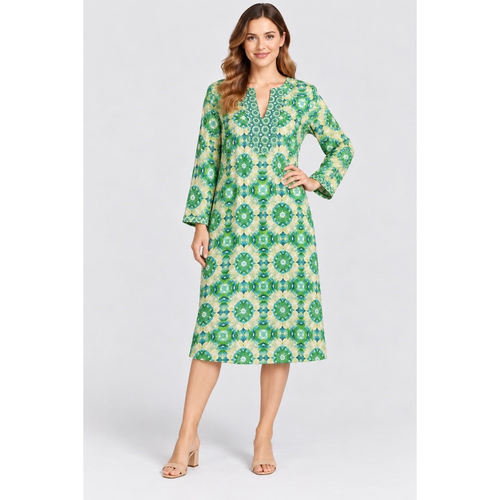 Unbranded Womens M Green Kaleidoscope Mumu Dress Long Sleeve Beaded Boho Midi